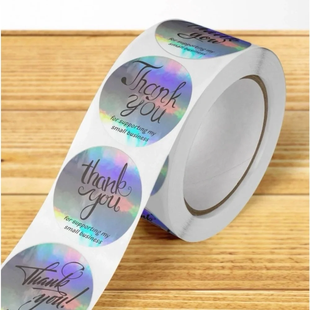 New 500 Pcs Laser Holographic Thank You  Silver Round Business Adhesive Stickers - Picture 4 of 10